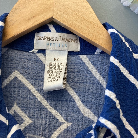 Draper’s & Damons Blouse Women’s Blue White Button-Down Collar Petites Sz:PS [T - Picture 3 of 7